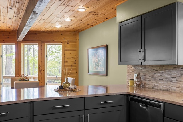 6192 Wilderness Dr, Mancelona, MI 49659 - kitchen with dishwashing machine, wooden ceiling, gray cabinetry, decorative backsplash, and a peninsula