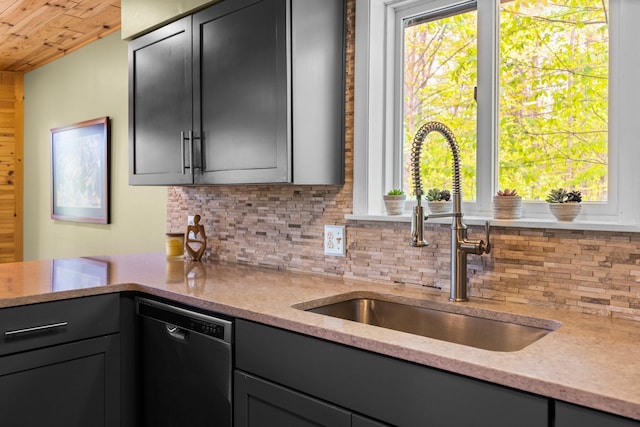 6192 Wilderness Dr, Mancelona, MI 49659 - kitchen with dishwasher, a sink, wooden ceiling, tasteful backsplash, and light stone counters