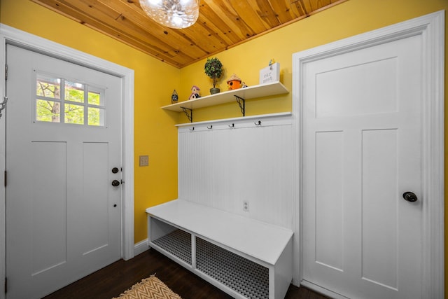6192 Wilderness Dr, Mancelona, MI 49659 - mudroom with wooden ceiling, dark wood-style floors, and baseboards