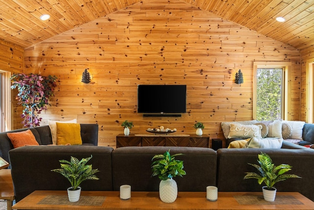 6192 Wilderness Dr, Mancelona, MI 49659 - living area with vaulted ceiling, wood ceiling, and recessed lighting