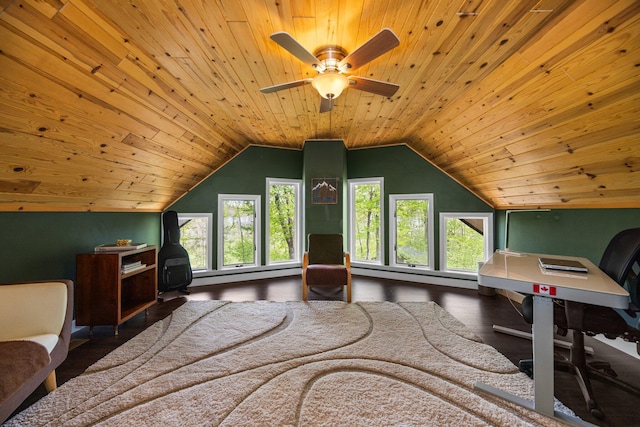 6192 Wilderness Dr, Mancelona, MI 49659 - office space featuring wood finished floors, wooden ceiling, ceiling fan, and vaulted ceiling