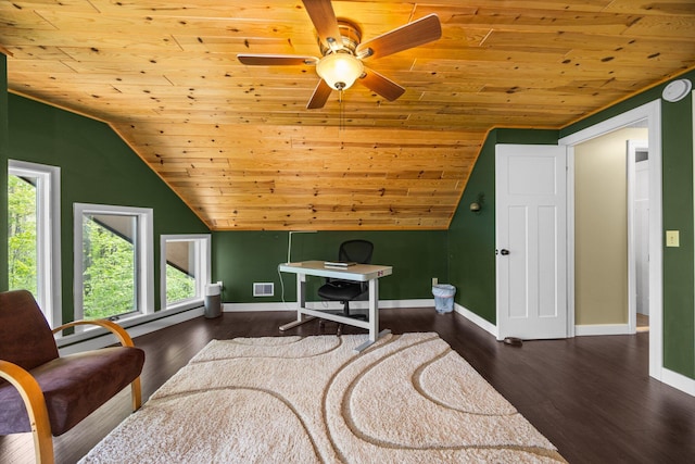 6192 Wilderness Dr, Mancelona, MI 49659 - living area with wooden ceiling, baseboards, wood finished floors, a ceiling fan, and vaulted ceiling