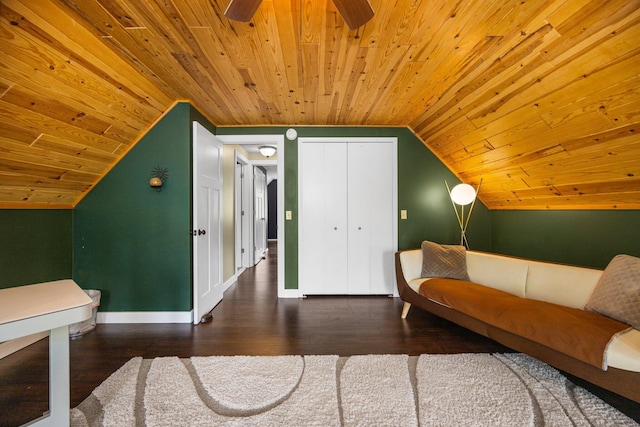 6192 Wilderness Dr, Mancelona, MI 49659 - living room featuring wooden ceiling, lofted ceiling, wood finished floors, baseboards, and a ceiling fan