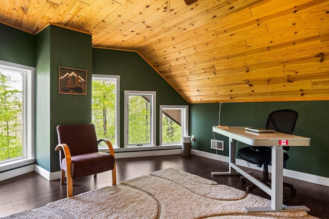 6192 Wilderness Dr, Mancelona, MI 49659 - office featuring baseboards, healthy amount of natural light, wood ceiling, vaulted ceiling, and hardwood / wood-style flooring