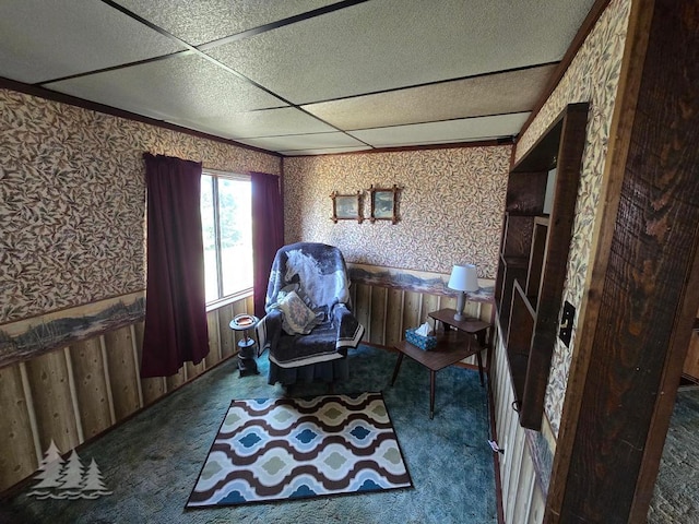 3557 Penn Rd, Lewiston, MI 49756 - sitting room with carpet floors, wainscoting, wallpapered walls, and wooden walls