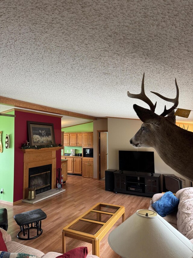1154 M-72 W, Barton City, MI 48705 - living room featuring a fireplace with raised hearth, light wood-style flooring, and a textured ceiling