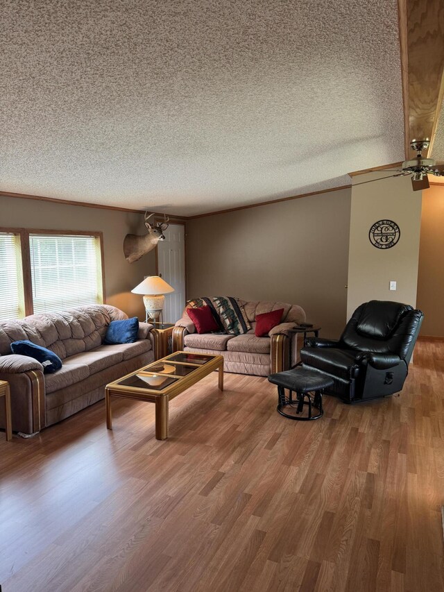 1154 M-72 W, Barton City, MI 48705 - living room with a textured ceiling, wood finished floors, and ceiling fan