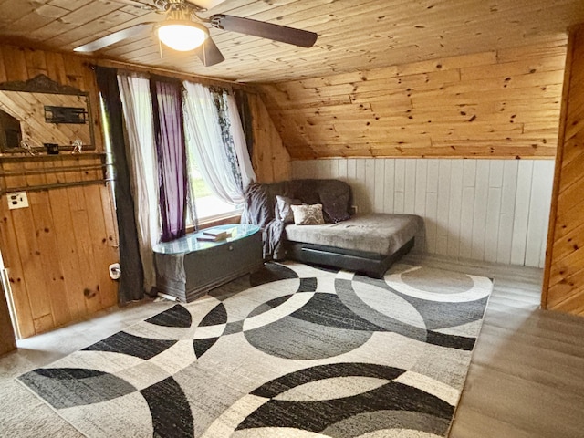 3334 Pleasant View Dr, Lewiston, MI 49756 - sitting room featuring wood walls, wood ceiling, a ceiling fan, and vaulted ceiling