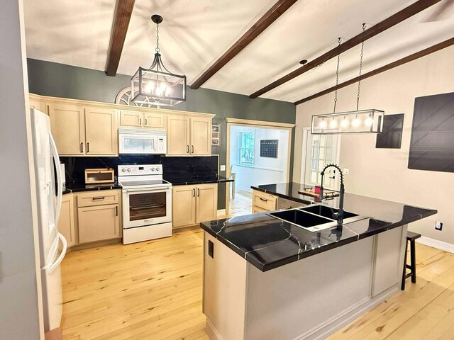 116 1st St, Hubbard Lake, MI 49747 - kitchen featuring white appliances, a sink, light wood-style floors, tasteful backsplash, and dark countertops
