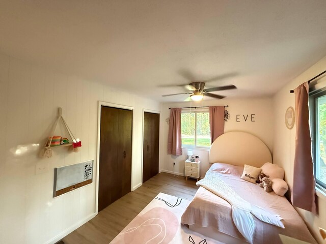 116 1st St, Hubbard Lake, MI 49747 - bedroom featuring wood finished floors, multiple closets, ceiling fan, and baseboards