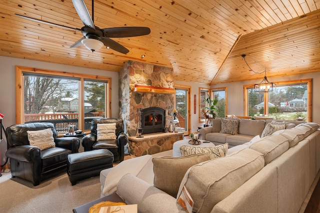 5997 Prospect St, Indian River, MI 49749 - living room with wooden ceiling, healthy amount of natural light, a ceiling fan, carpet, and a fireplace