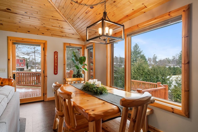 5997 Prospect St, Indian River, MI 49749 - dining space with wood ceiling, a chandelier, healthy amount of natural light, dark wood-style flooring, and baseboards