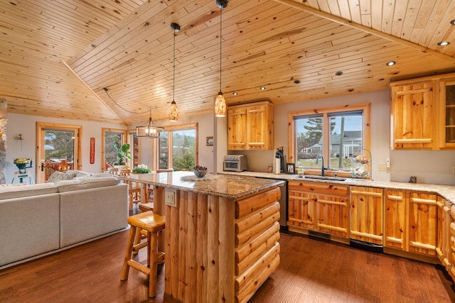 5997 Prospect St, Indian River, MI 49749 - kitchen featuring wooden ceiling, a sink, dishwashing machine, open floor plan, and healthy amount of natural light