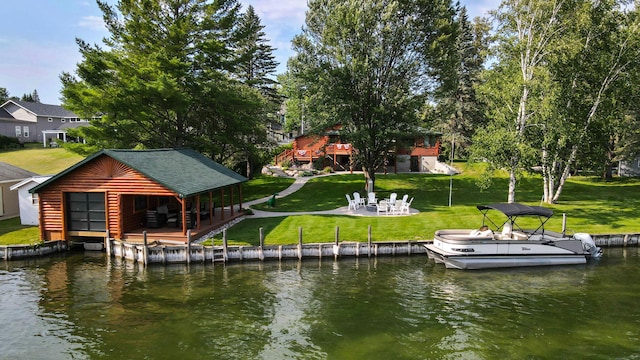 5997 Prospect St, Indian River, MI 49749 - dock with a deck with water view, a lawn, and a patio