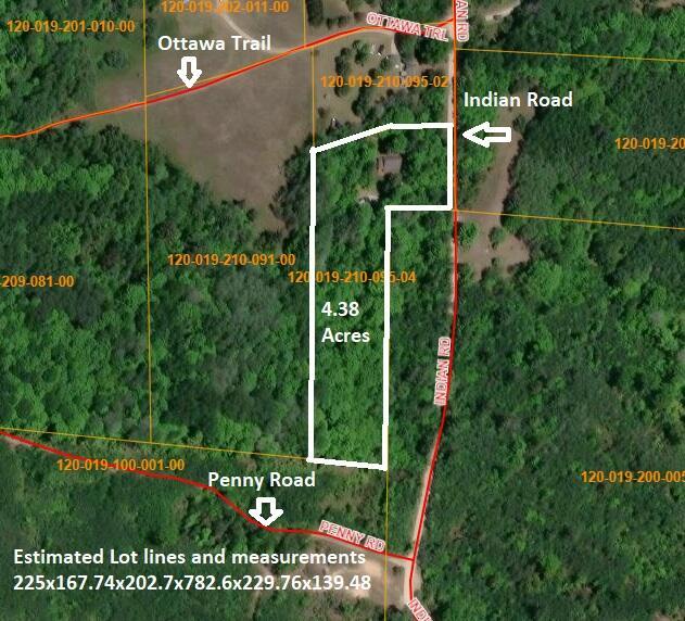 2715 Indian Rd, Brutus, MI 49716 - aerial overview of property's location with property parcel outlined