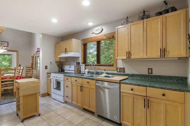 2715 Indian Rd, Brutus, MI 49716 - kitchen with dishwasher, white range with gas cooktop, under cabinet range hood, light brown cabinetry, and recessed lighting