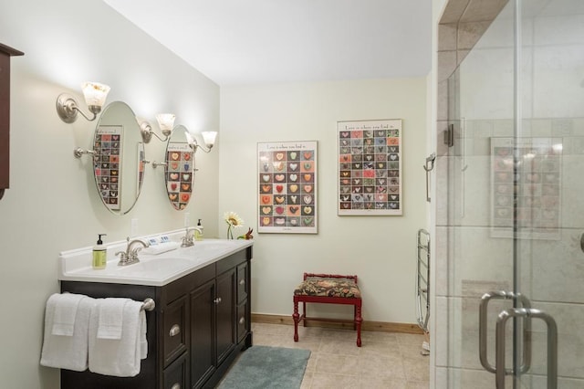 2715 Indian Rd, Brutus, MI 49716 - bathroom featuring double vanity, a shower stall, and tile patterned floors