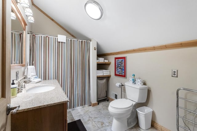 2715 Indian Rd, Brutus, MI 49716 - bathroom featuring vaulted ceiling, vanity, and a shower with curtain