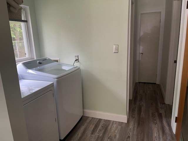 117 Swift Deer Trl, Prudenville, MI 48651 - laundry area with washer and dryer, dark wood-style flooring, and baseboards