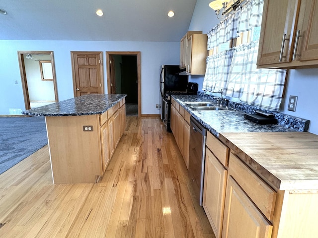 1537 Tecumseh Rd, Cheboygan, MI 49721 - kitchen with light wood-style floors, a center island, dishwasher, light brown cabinetry, and recessed lighting