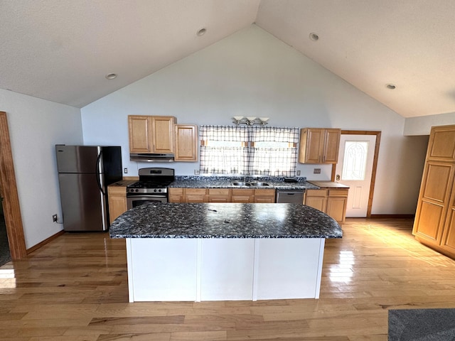 1537 Tecumseh Rd, Cheboygan, MI 49721 - kitchen featuring appliances with stainless steel finishes, under cabinet range hood, dark stone counters, light wood-type flooring, and high vaulted ceiling