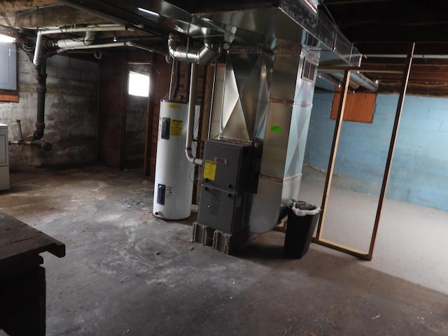 120 Copier St, Cadillac, MI 49601 - basement featuring electric water heater, washer / dryer, and heating unit