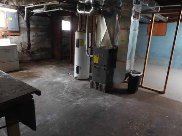 120 Copier St, Cadillac, MI 49601 - below grade area featuring washer / clothes dryer, electric water heater, electric panel, and heating unit