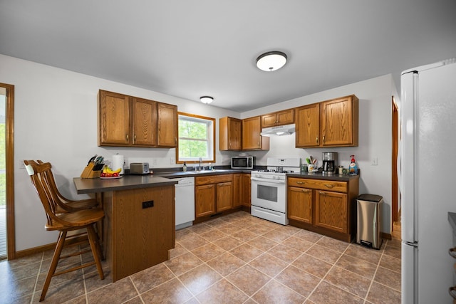 2510 Primrose Rd, Elmira, MI 49730 - kitchen featuring white appliances, under cabinet range hood, a peninsula, dark countertops, and brown cabinetry