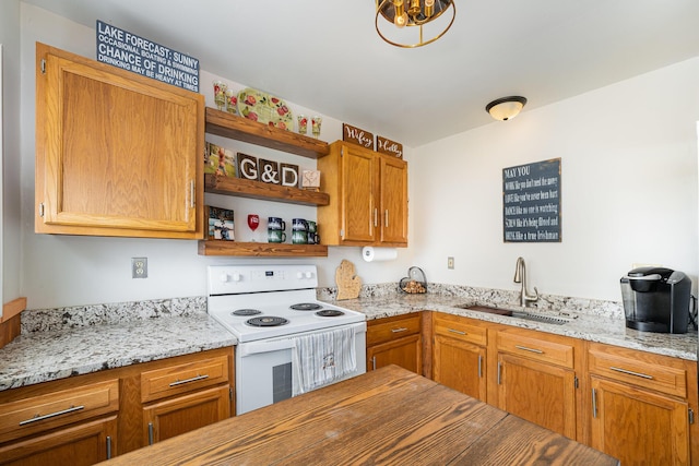 5616 W Houghton Lk, Houghton Lake, MI 48629 - kitchen featuring white range with electric stovetop, a sink, open shelves, brown cabinetry, and light stone counters