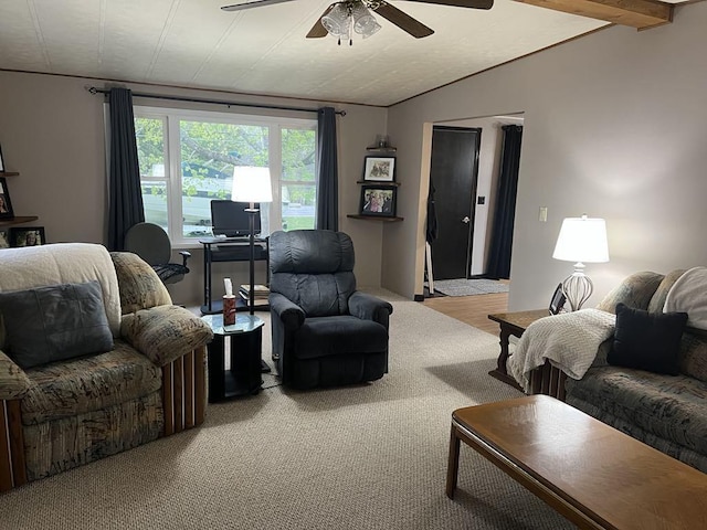 2056 Hobbs Dr, Alpena, MI 49707 - living room with a ceiling fan, light carpet, and lofted ceiling