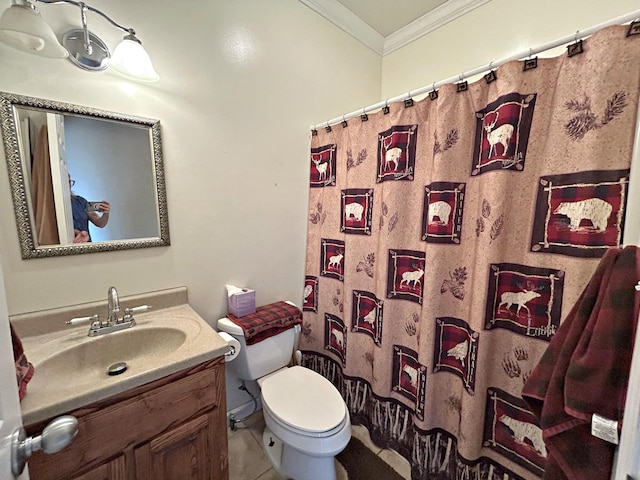 N1746 Smith Rd, Saint Ignace, MI 49781 - full bath with crown molding, vanity, a shower with shower curtain, and tile patterned flooring