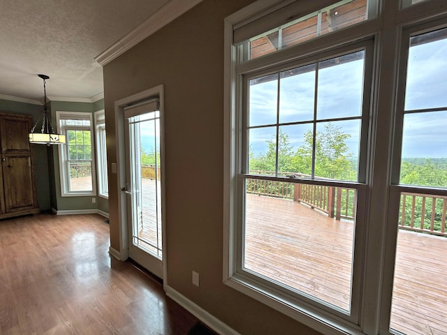 N1746 Smith Rd, Saint Ignace, MI 49781 - doorway to outside featuring healthy amount of natural light, a textured ceiling, light wood finished floors, crown molding, and a chandelier