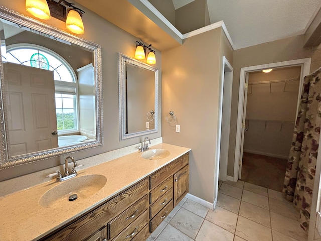N1746 Smith Rd, Saint Ignace, MI 49781 - full bathroom featuring double vanity, a walk in closet, and tile patterned flooring