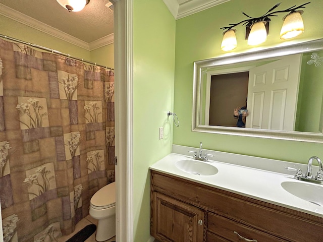N1746 Smith Rd, Saint Ignace, MI 49781 - bathroom with double vanity, crown molding, and a shower with curtain