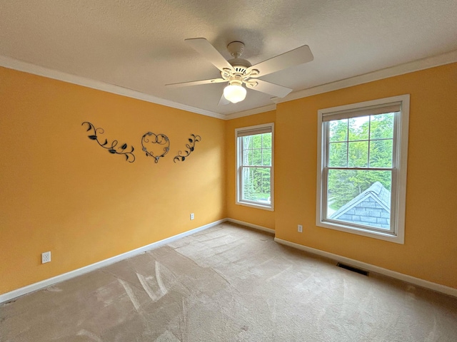 N1746 Smith Rd, Saint Ignace, MI 49781 - unfurnished room with light colored carpet, ornamental molding, ceiling fan, and a textured ceiling