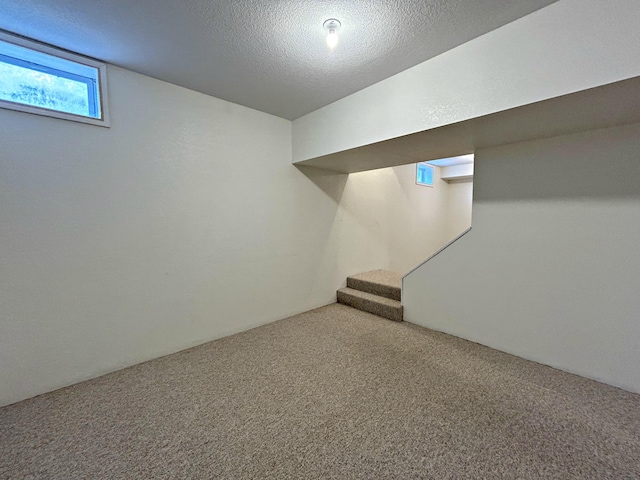 N1746 Smith Rd, Saint Ignace, MI 49781 - below grade area with carpet, a textured ceiling, and stairs