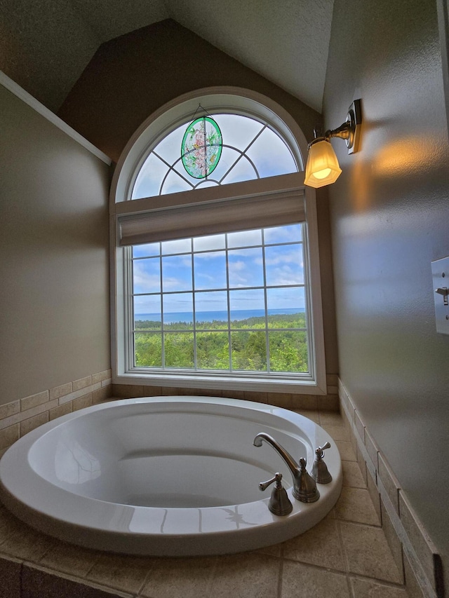 N1746 Smith Rd, Saint Ignace, MI 49781 - full bathroom with plenty of natural light, lofted ceiling, a garden tub, and crown molding