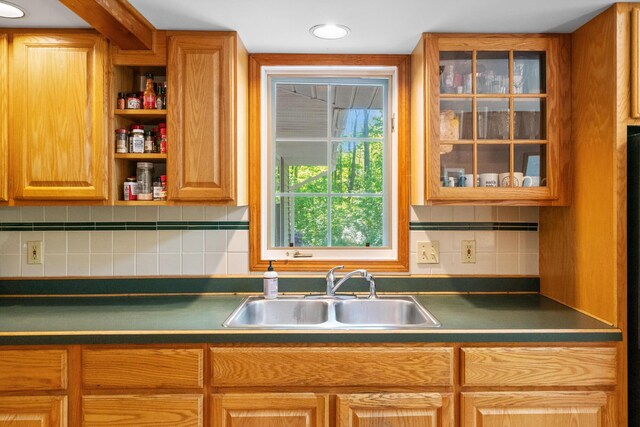 9707 Rogers Rd, Alanson, MI 49706 - kitchen featuring a sink, dark countertops, glass insert cabinets, and backsplash