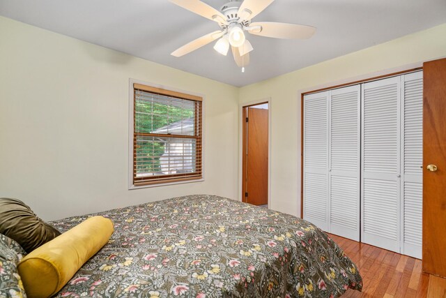 9707 Rogers Rd, Alanson, MI 49706 - bedroom with light wood-style flooring, a closet, and ceiling fan