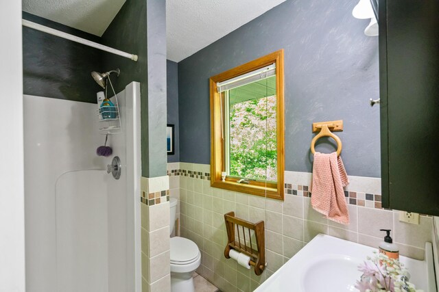 9707 Rogers Rd, Alanson, MI 49706 - full bath featuring a shower stall, toilet, a textured ceiling, tile walls, and wainscoting