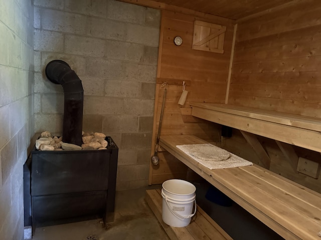 1058 Marlas Way, Cheboygan, MI 49721 - sauna / steam room featuring concrete block wall, concrete floors, and wood walls
