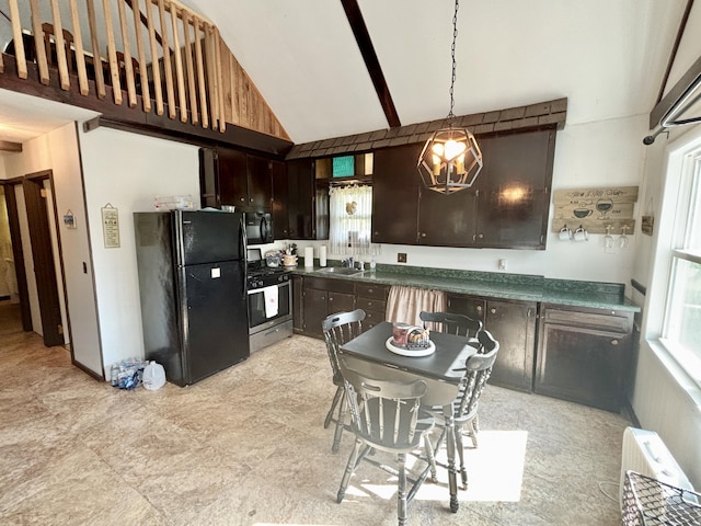5265 Woodridge Dr, Lewiston, MI 49756 - kitchen with black appliances, a sink, high vaulted ceiling, dark countertops, and dark brown cabinets