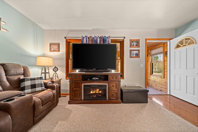 5918 Neumann Rd, Lewiston, MI 49756 - carpeted living room with a warm lit fireplace and wood finished floors