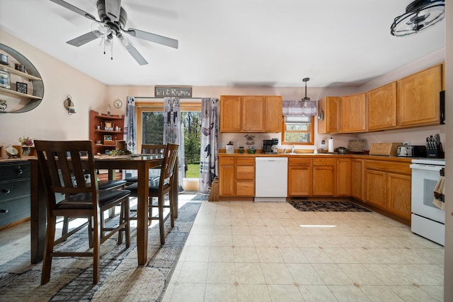 5918 Neumann Rd, Lewiston, MI 49756 - kitchen with white appliances, a ceiling fan, pendant lighting, a sink, and open shelves