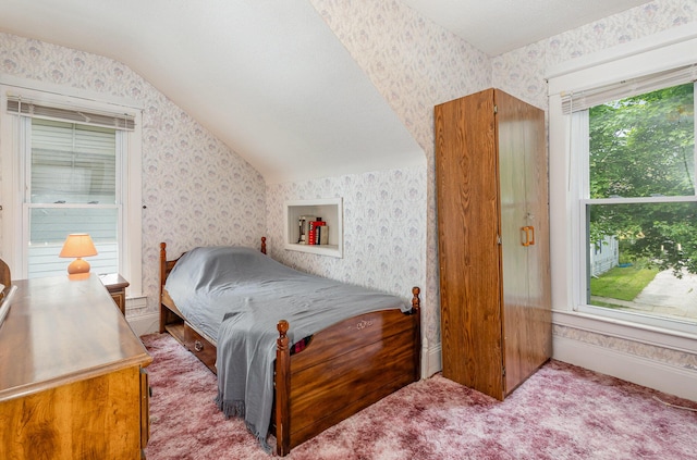 211 S Birney St, Bay City, MI 48708 - carpeted bedroom featuring wallpapered walls and vaulted ceiling