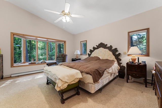 117 Timber Trl, Roscommon, MI 48653 - bedroom with a baseboard radiator, light carpet, vaulted ceiling, and a ceiling fan