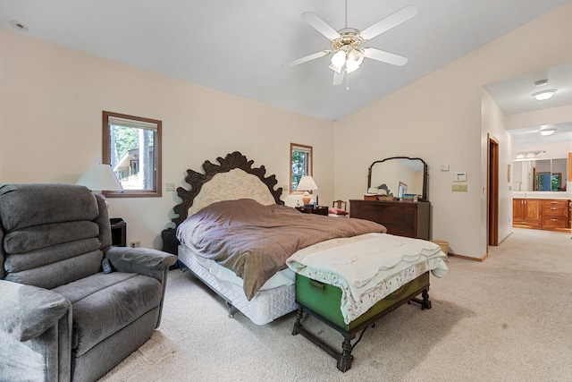 117 Timber Trl, Roscommon, MI 48653 - bedroom featuring light colored carpet, lofted ceiling, ceiling fan, and connected bathroom