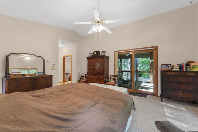 117 Timber Trl, Roscommon, MI 48653 - bedroom featuring access to exterior, carpet flooring, lofted ceiling, and a ceiling fan