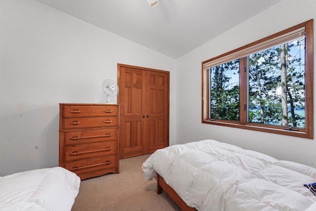 117 Timber Trl, Roscommon, MI 48653 - bedroom with light colored carpet, vaulted ceiling, and a closet