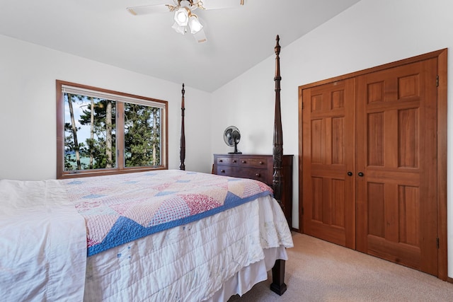 117 Timber Trl, Roscommon, MI 48653 - bedroom featuring carpet floors, lofted ceiling, and ceiling fan